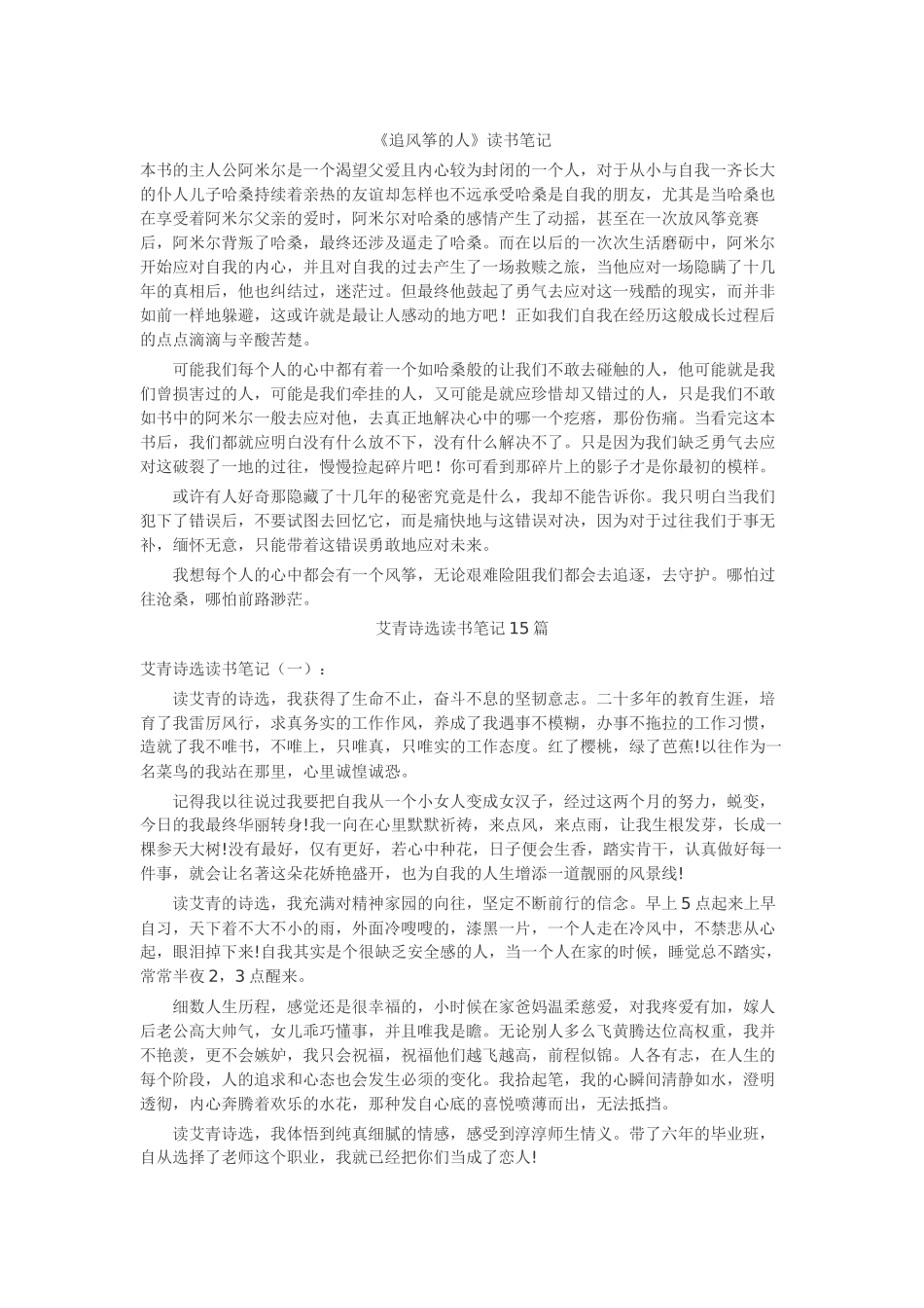 《追风筝的人》《艾青诗选》《草原上的小木屋》《滴水穿石的启示》《第56号教室的奇迹读后感合集读书笔记_第1页