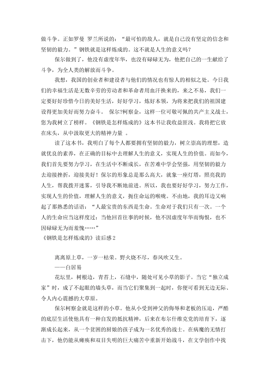 《钢铁是怎样炼成的》读后感15篇_第2页
