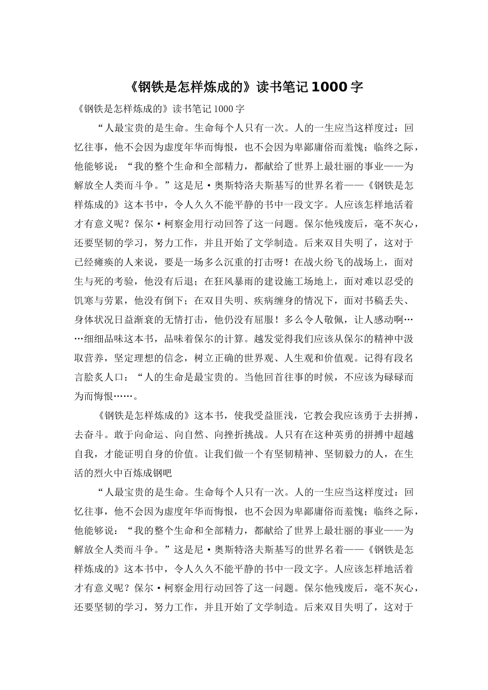 《钢铁是怎样炼成的》读书笔记1000字_第1页