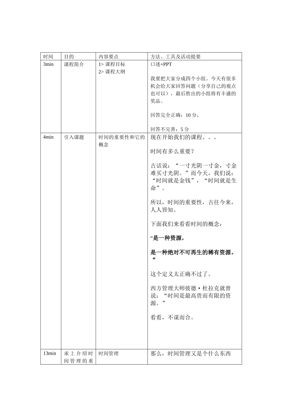 《时间管理》培训教案教学计划表_第1页