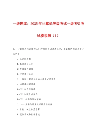 一级题库2025年计算机等级考试一级WPS考试模拟题
