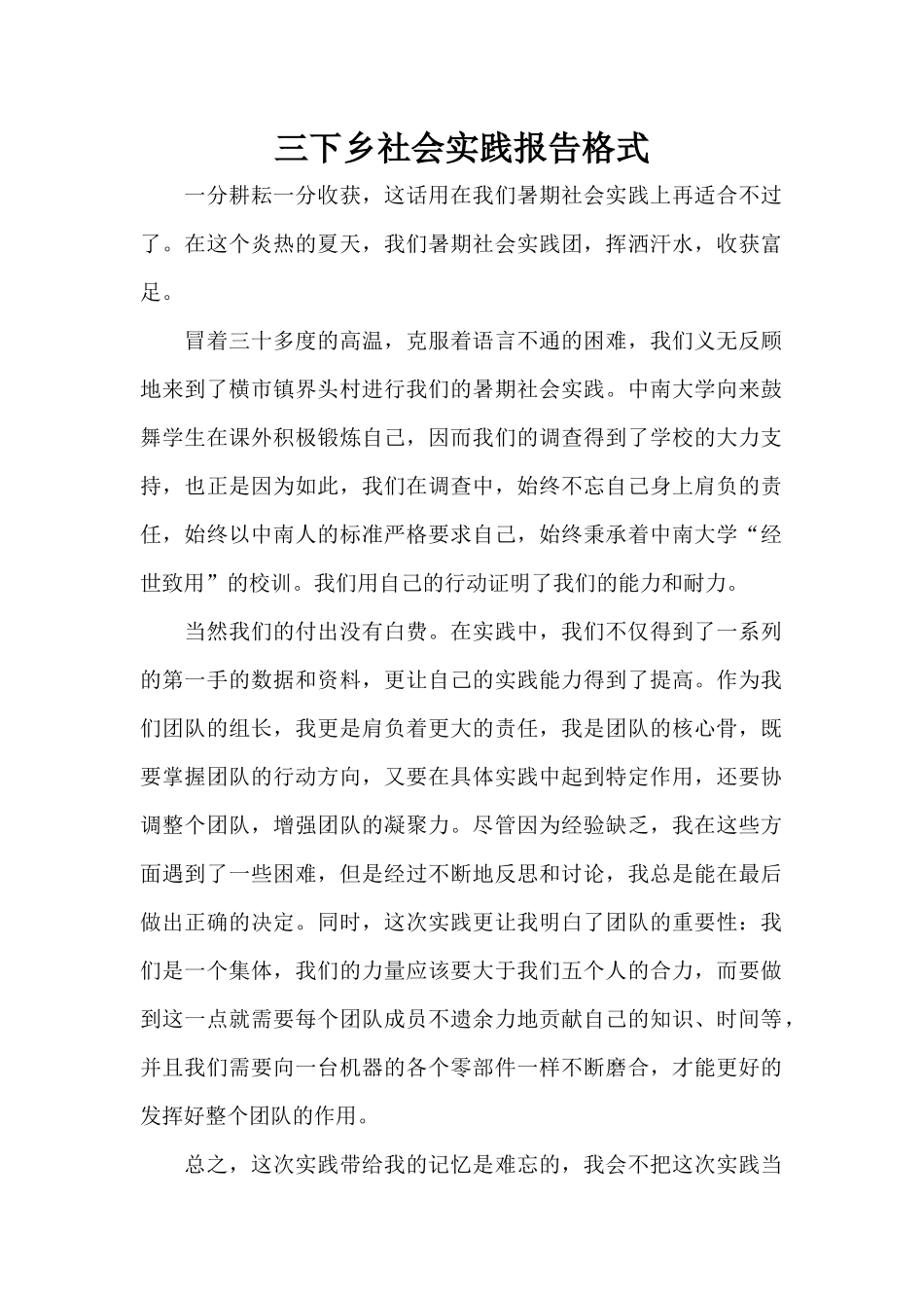 三下乡社会实践报告格式（标准版）_第1页