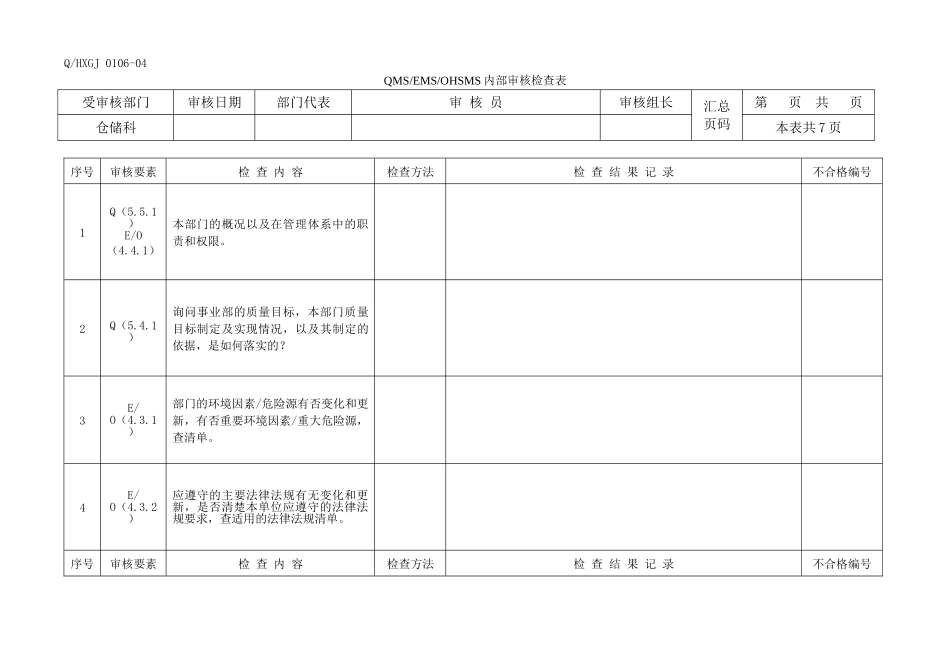 三体系内审检查表仓储科_第1页