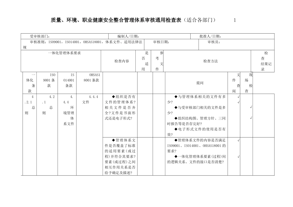 三标一体化管理体系内审表_第1页