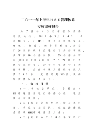 上半年HSE管理体系专项审核报告