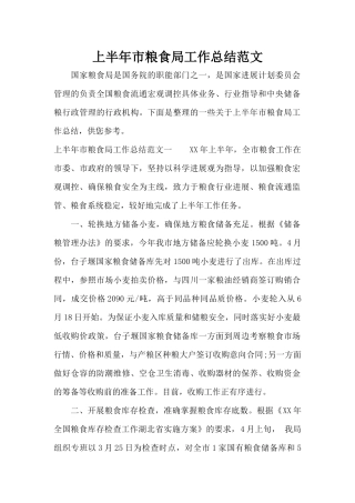 上半年市粮食局工作总结范文（标准版）