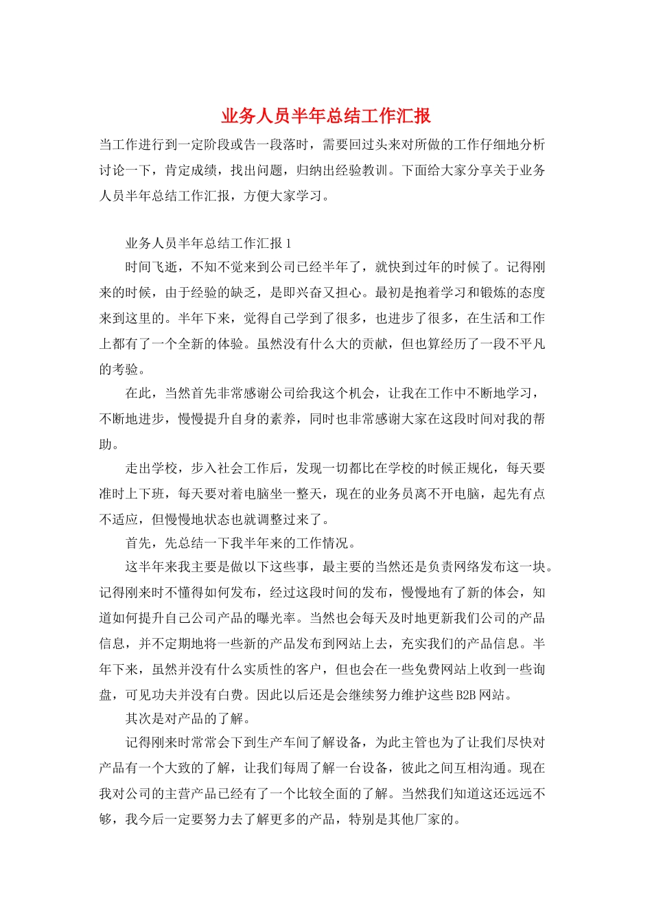 业务人员半年总结工作汇报_第1页