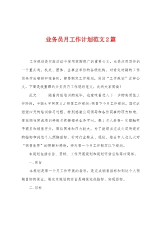 业务员月工作计划范文2篇