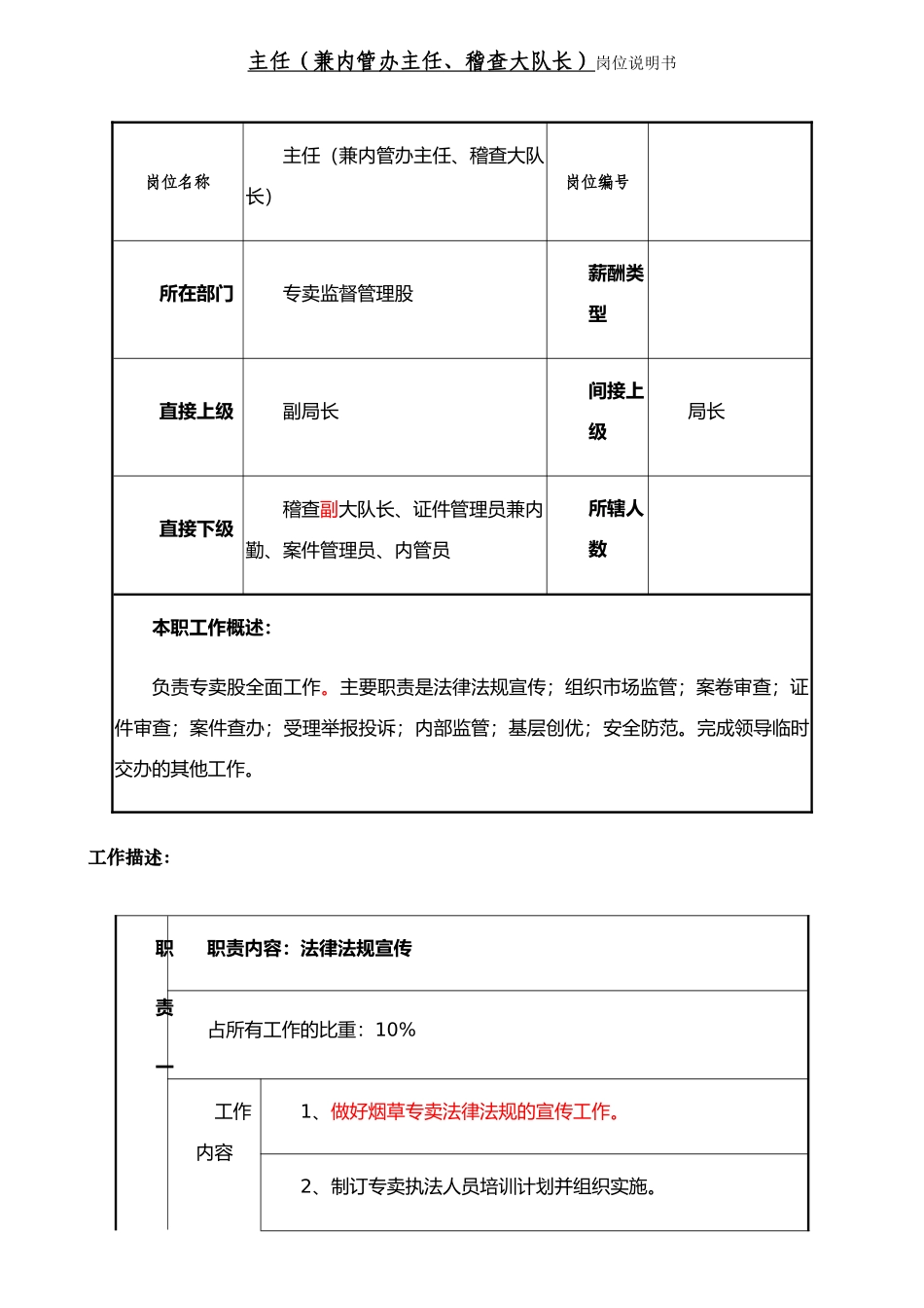 两烟县专卖办主任岗位说明书_第1页