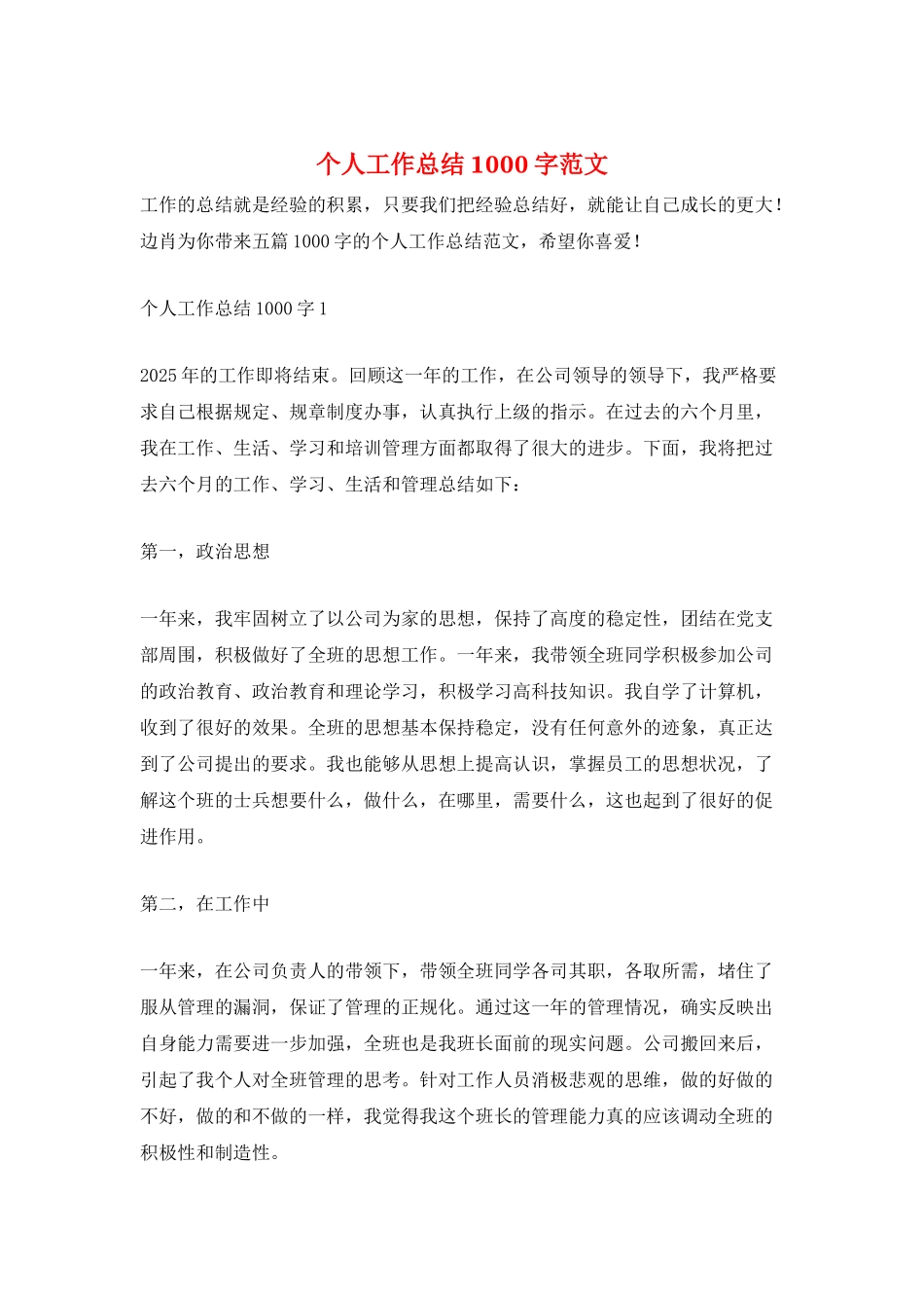 个人工作总结1000字范文_第1页