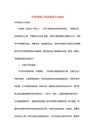 中学教师工作总结范文2025