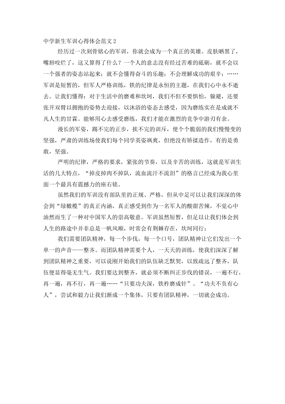 中学新生军训心得体会范文_第2页