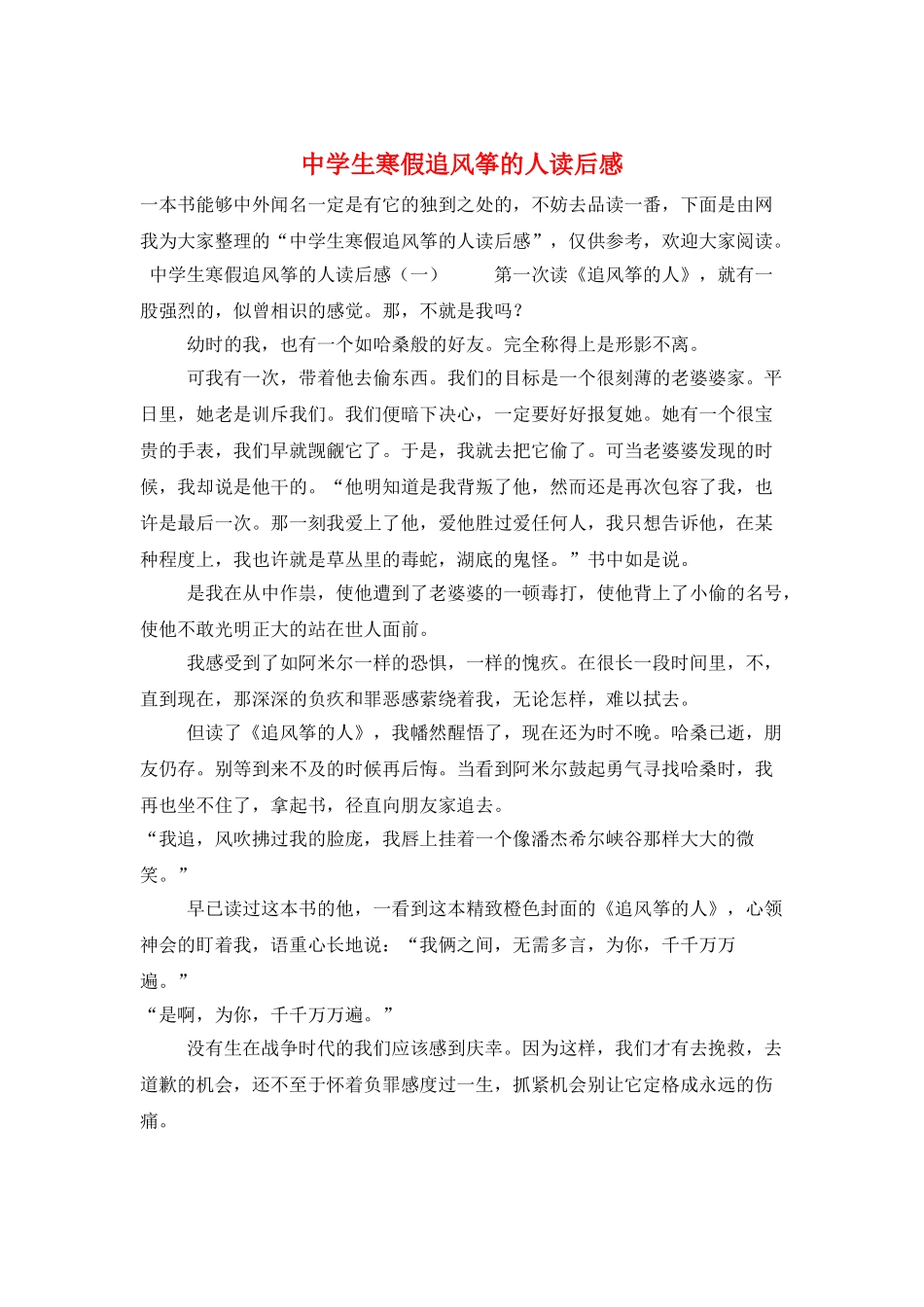 中学生寒假追风筝的人读后感_第1页