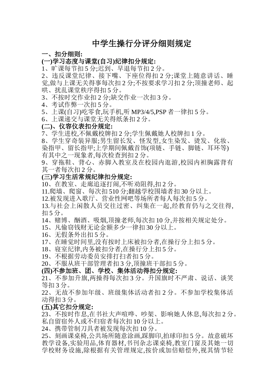 中学生操行分评分细则规定_第1页