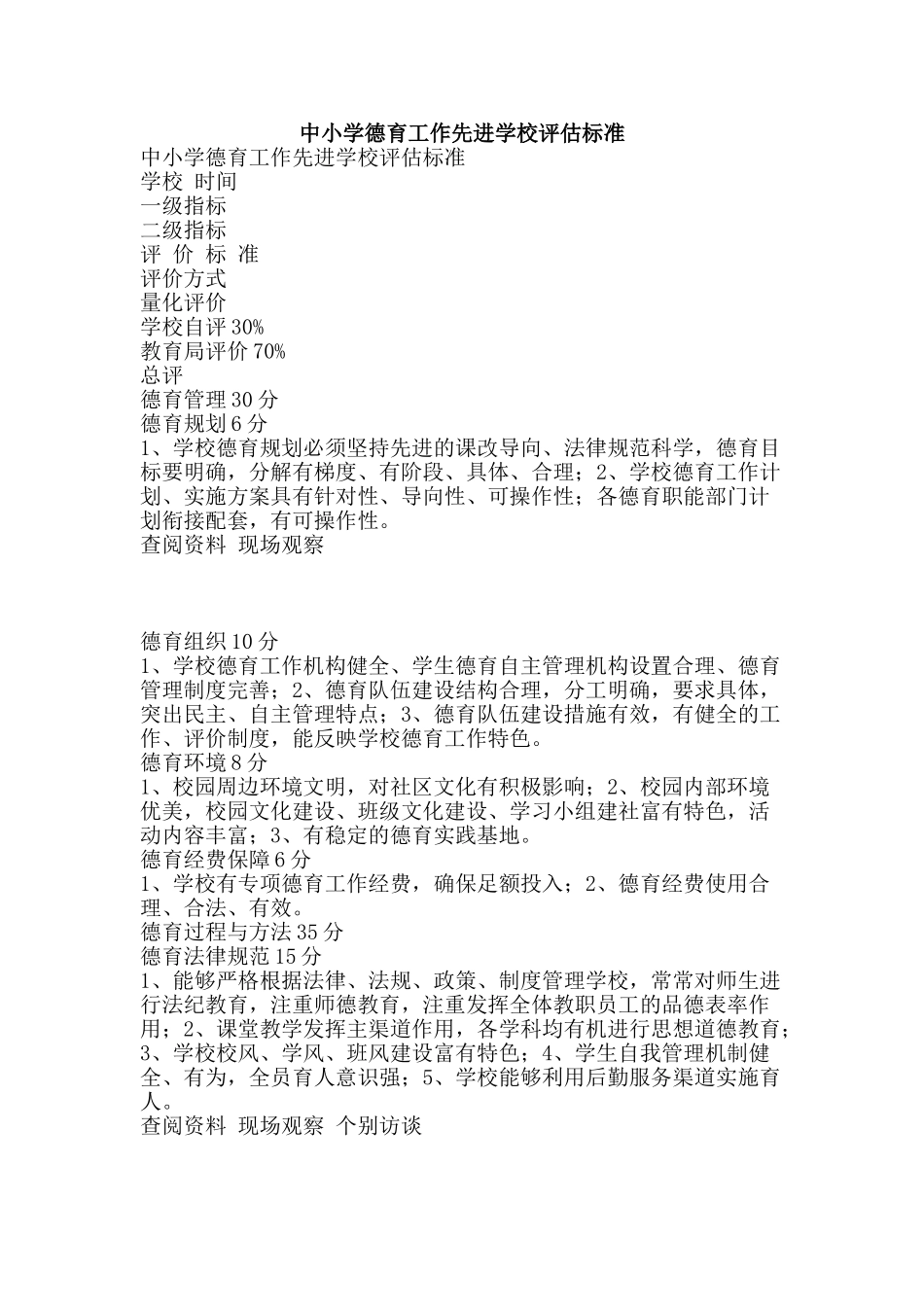 中小学德育工作先进学校评估标准_第1页