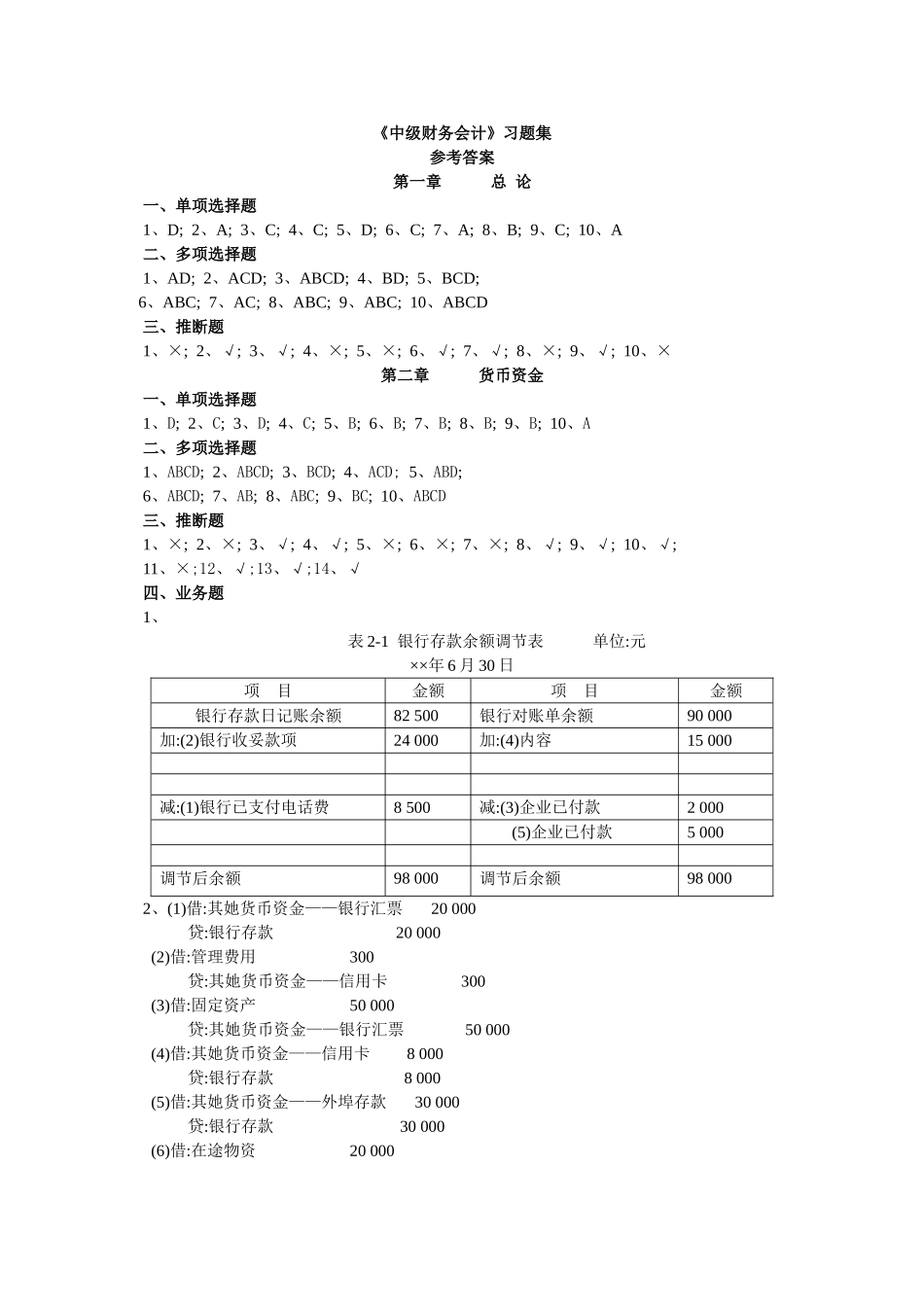 中级财务会计习题集全部参考答案_第1页