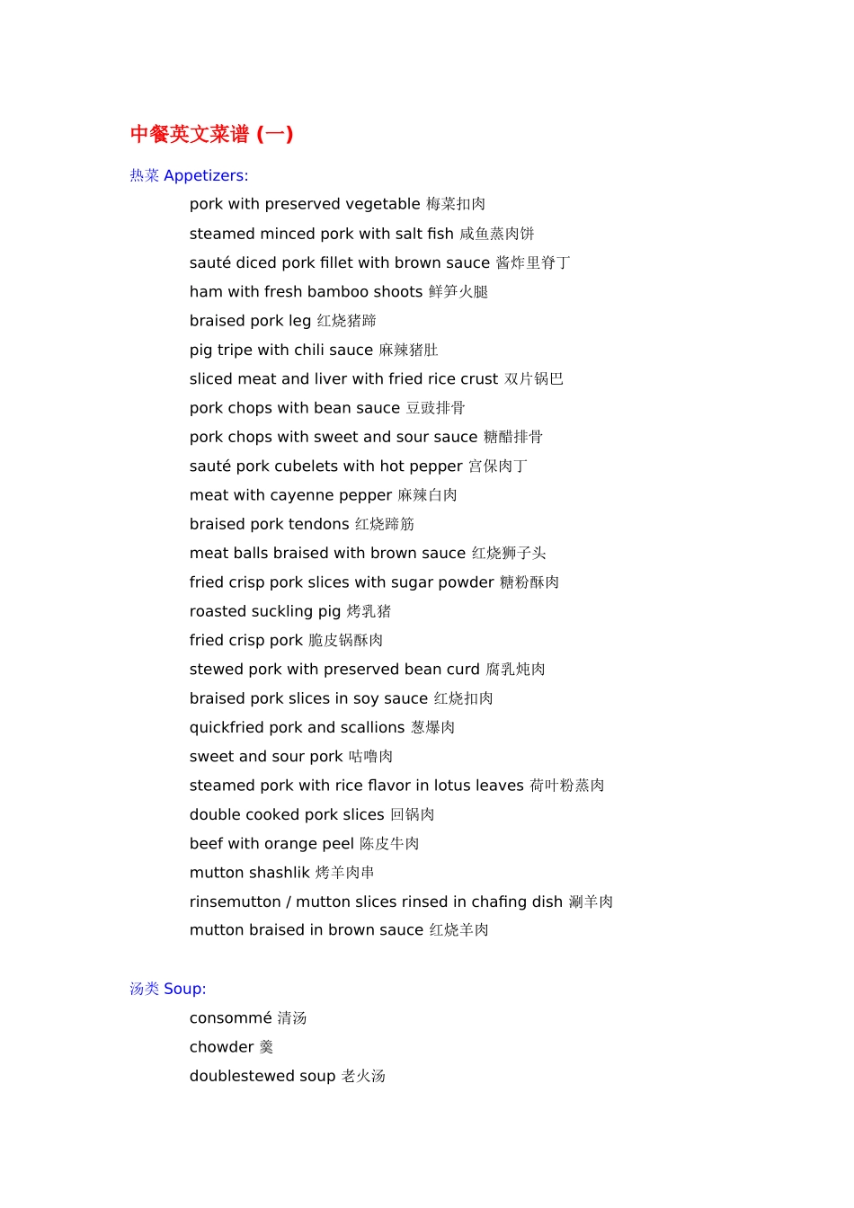 中餐英文菜谱大全_第1页
