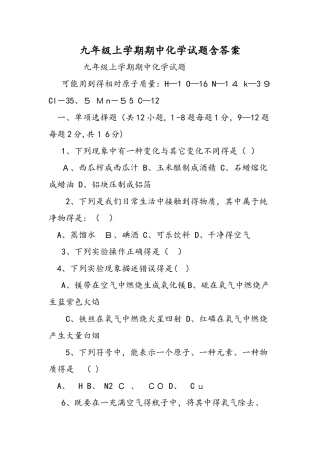 九年级上学期期中化学试题含答案