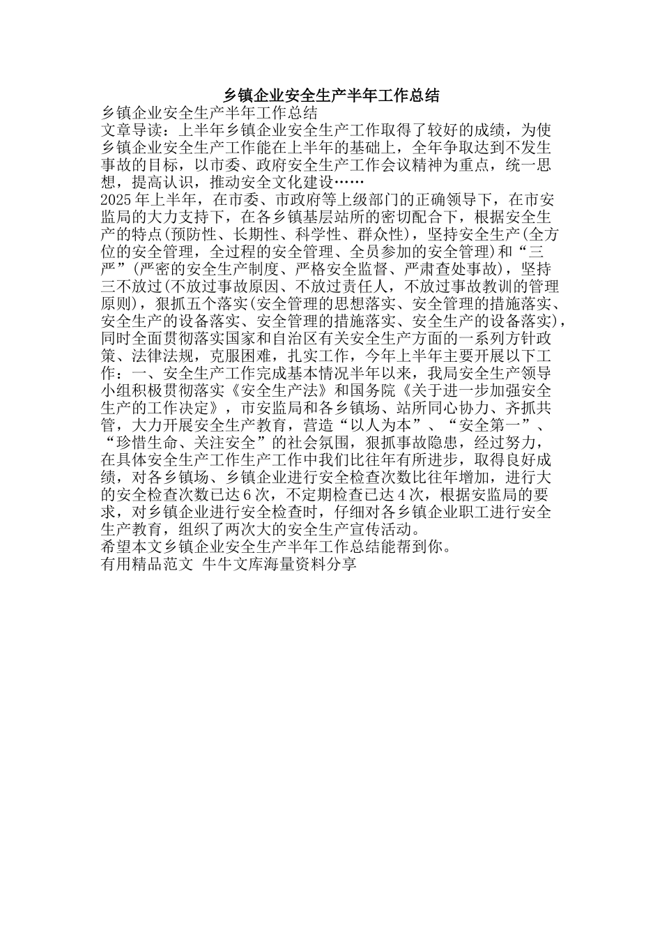 乡镇企业安全生产半年工作总结-精品范文资料_第1页