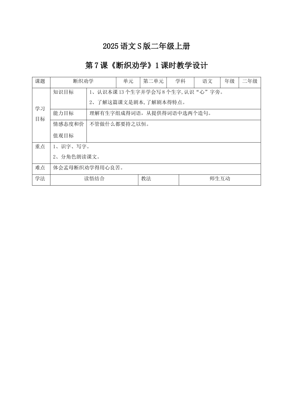 二年级上册语文教案断织劝学∣语文S版_第1页