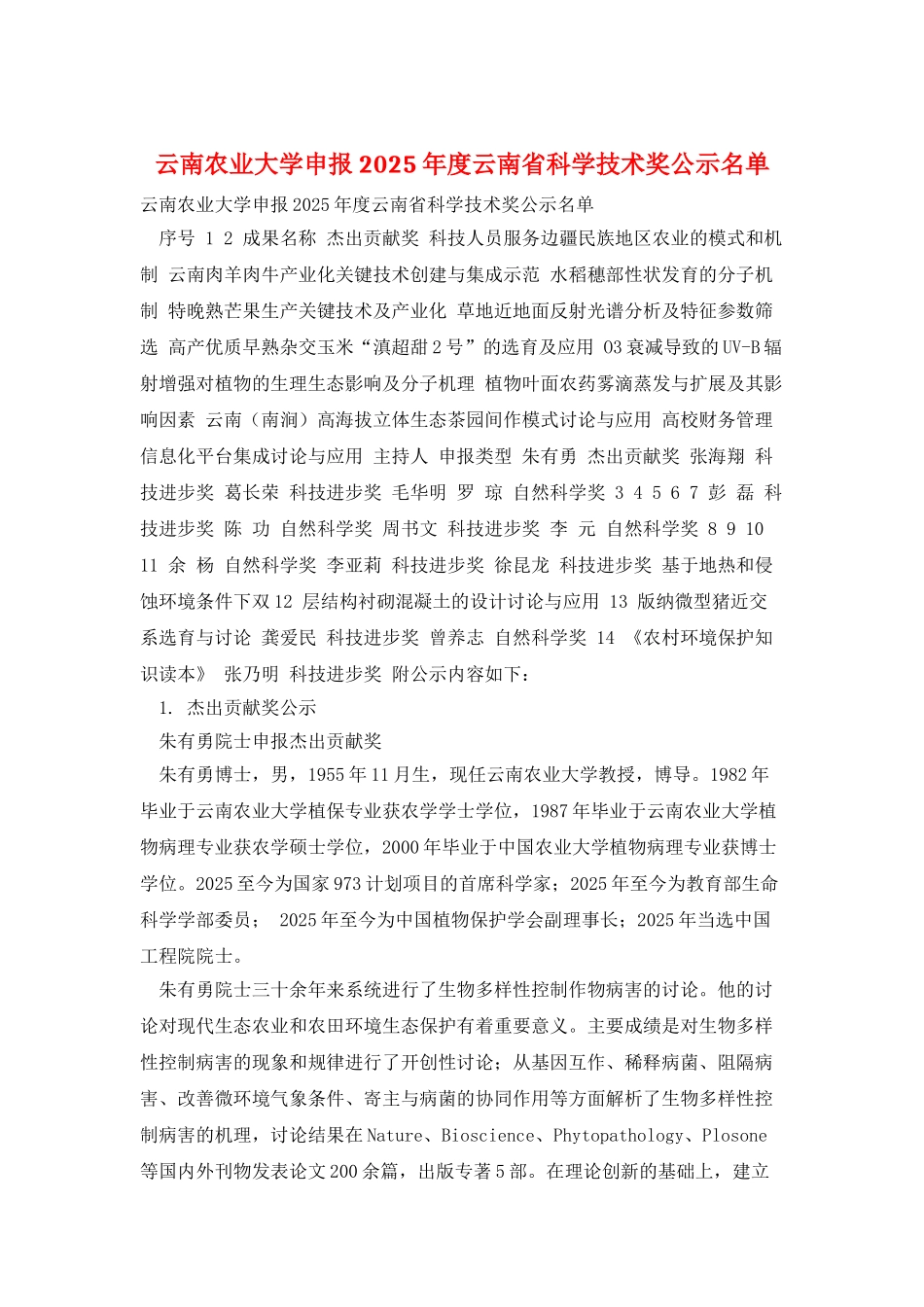 云南农业大学申报2025年度云南省科学技术奖公示名单_第1页