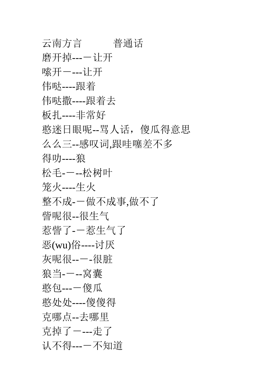 云南方言 普通话_第1页