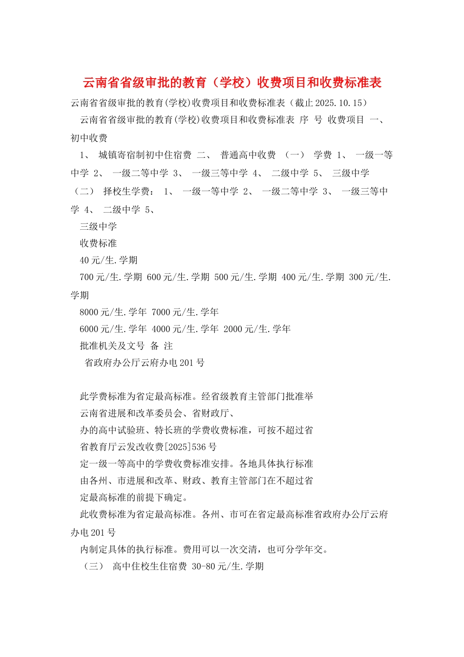 云南省省级审批的教育收费项目和收费标准表_第1页