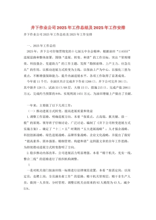 井下作业公司2025年工作总结及2025年工作安排