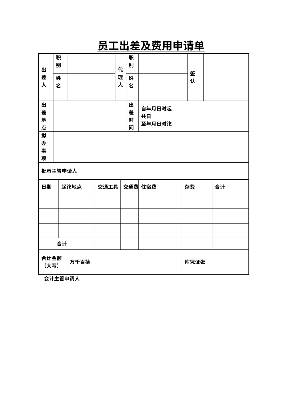 人事管理员工出差及费用申请单Word文档（标准版）_第1页