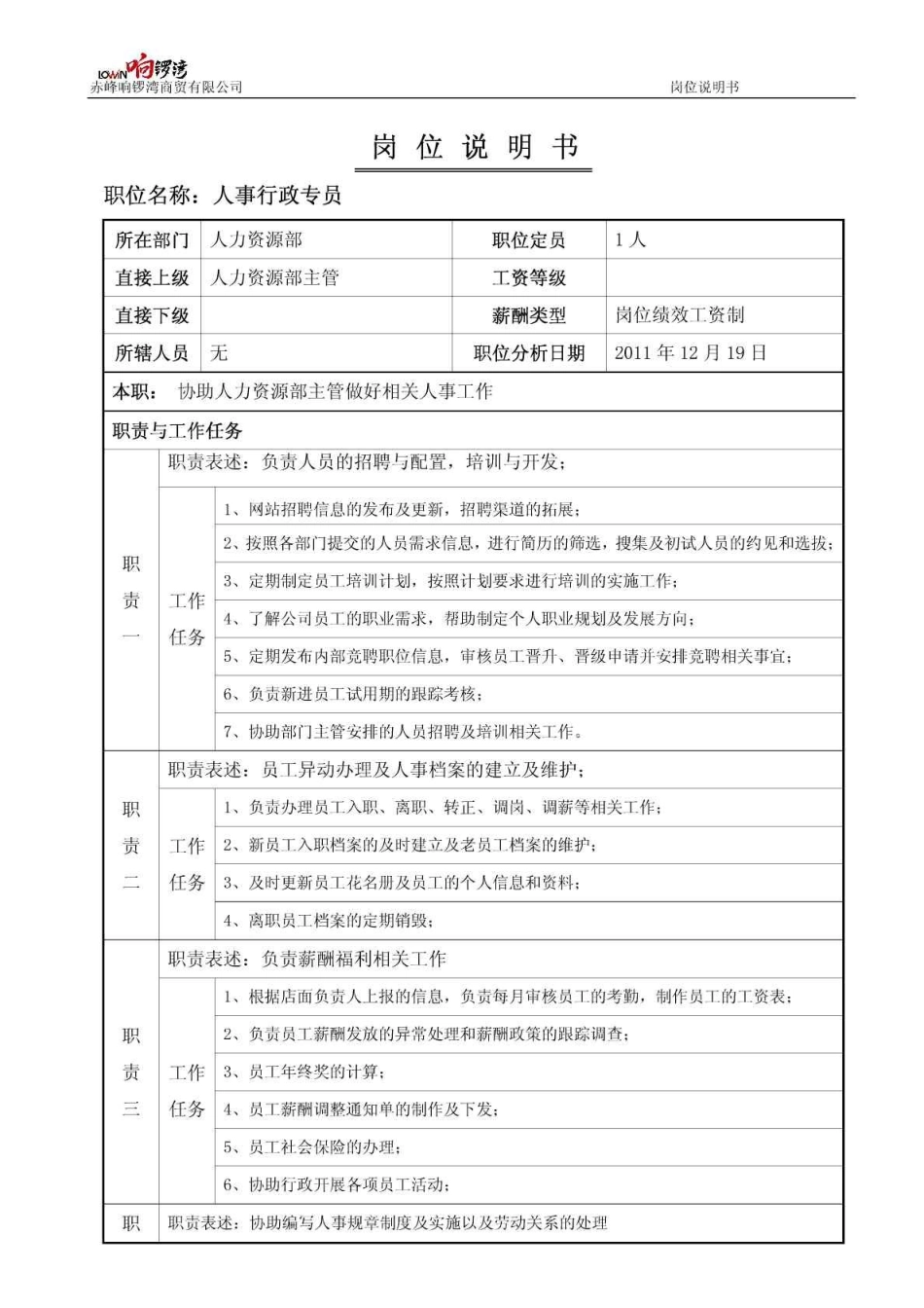 人事行政专员岗位说明书_第1页