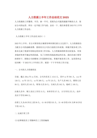 人力资源上半年工作总结范文2025