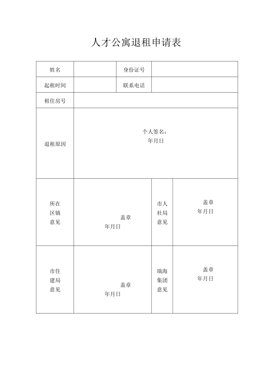 人才公寓退租申请表（标准版）_第1页