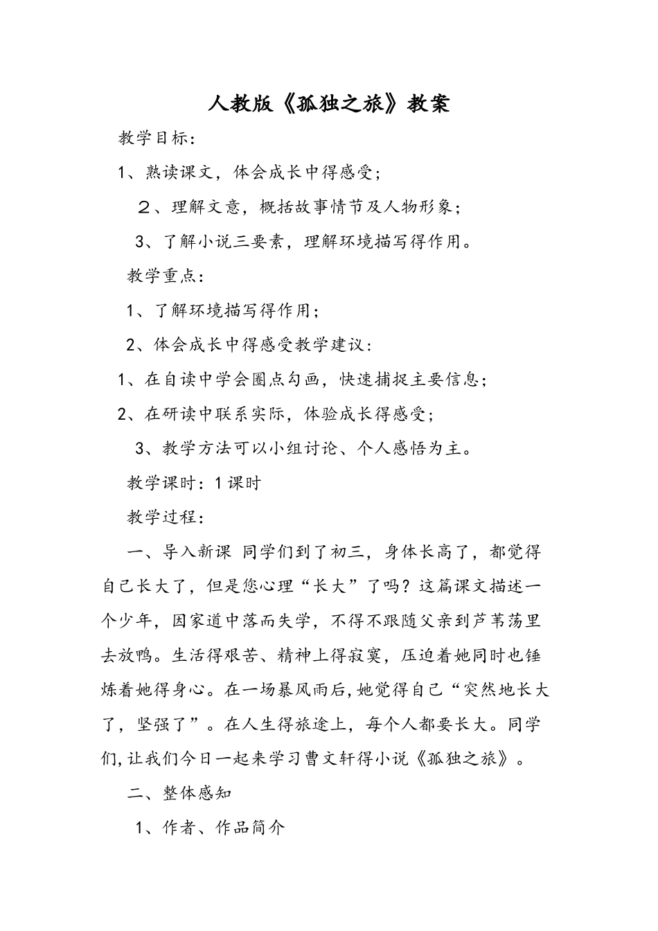 人教版《孤独之旅》教案_第1页