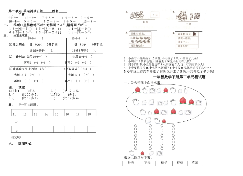 人教版一年级数学下册全套试卷_第1页