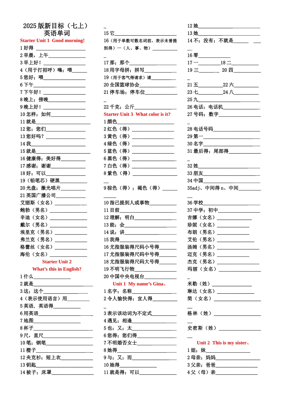 人教版七年级上英语单词默写版_第1页