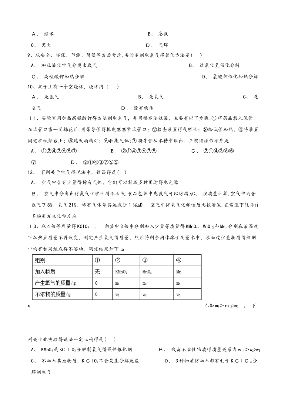 人教版九年级化学第二单元 我们周围的空气 单元复习题（无答案）_第2页