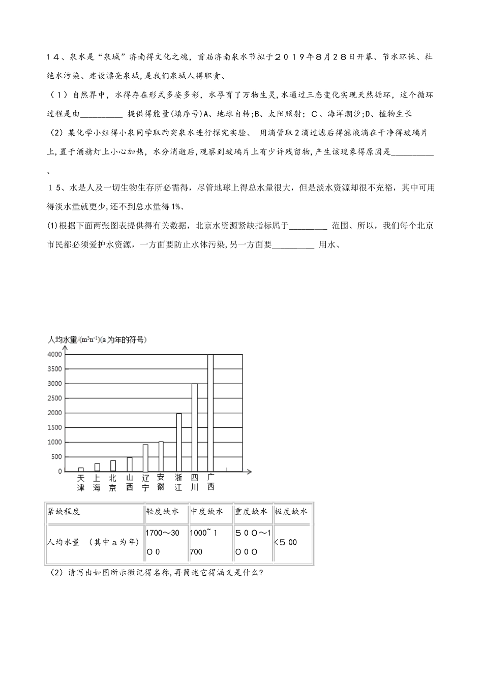 人教版八年级上册化学第四单元 自然界的水 单元练习题（无答案）_第3页