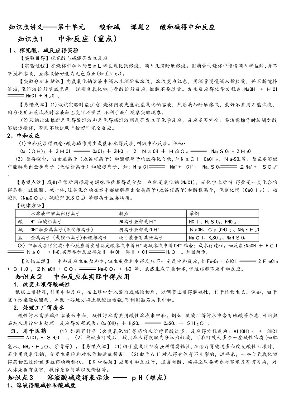 人教版化学 九年级下册 10.2酸和碱的中和反应 知识点讲义（无答案）_第1页