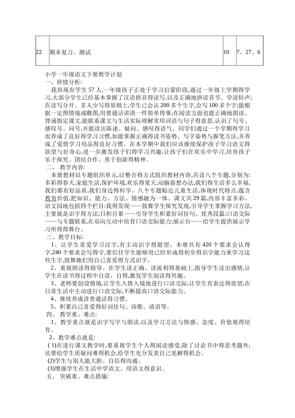 人教版小学一年级语文下册教学进度表_第3页