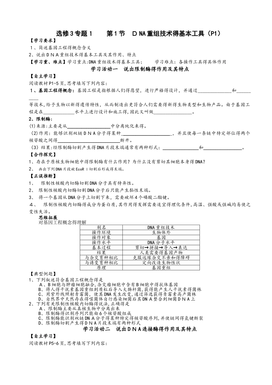 人教版选修三1.1DNA重组技术的基本工具学案无答案_第1页