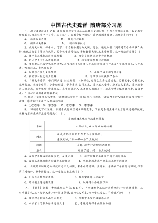 人教版高三历史高考专题中国古代史魏晋隋唐部分习题