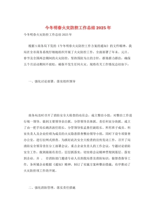 今冬明春火灾防控工作总结2025年
