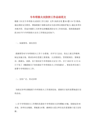 今冬明春火灾防控工作总结范文