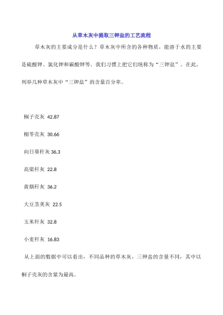 从草木灰中提取三钾盐的工艺流程