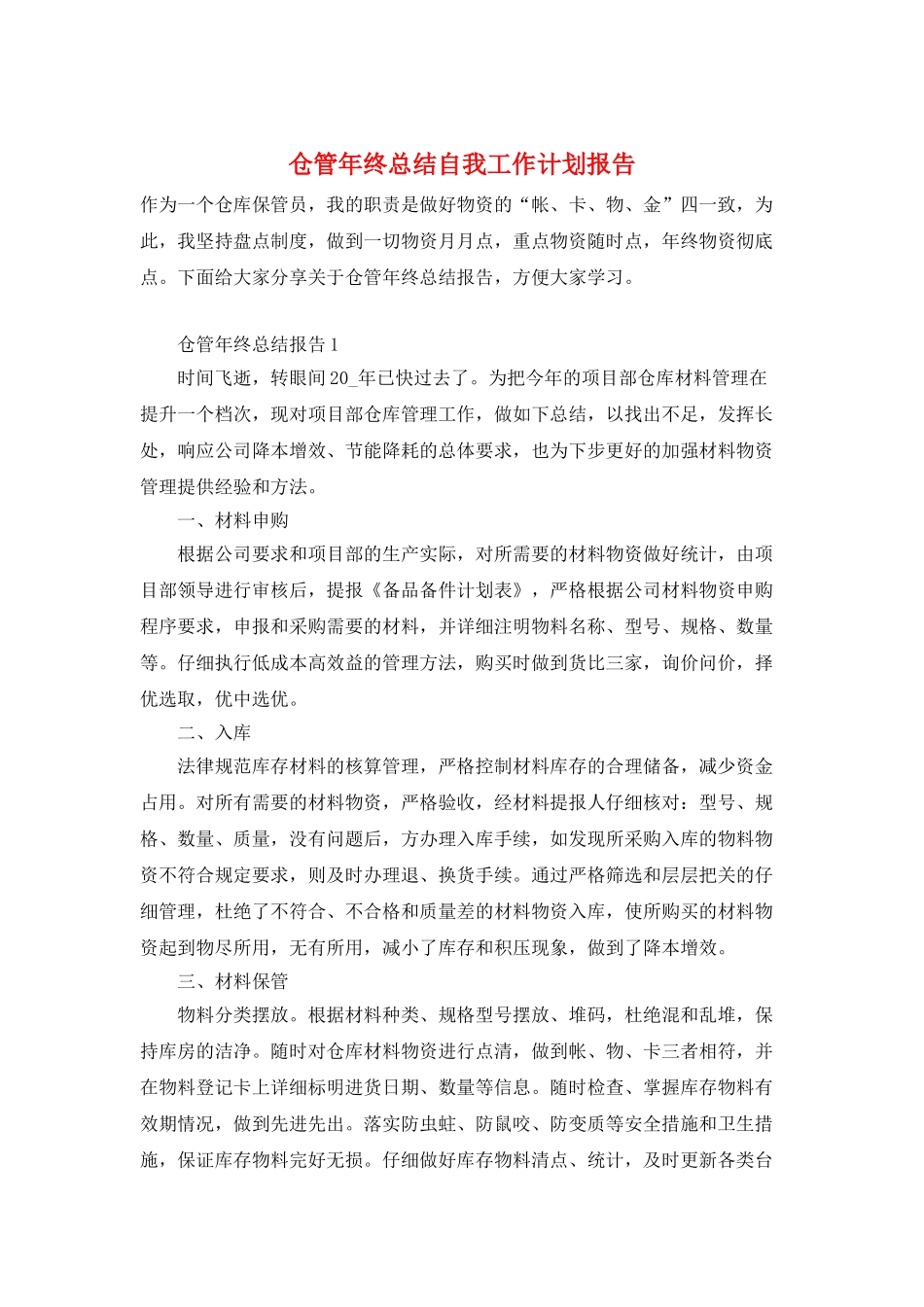 仓管年终总结自我工作计划报告_第1页