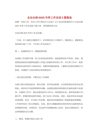 企业出纳2025年终工作总结5篇集选
