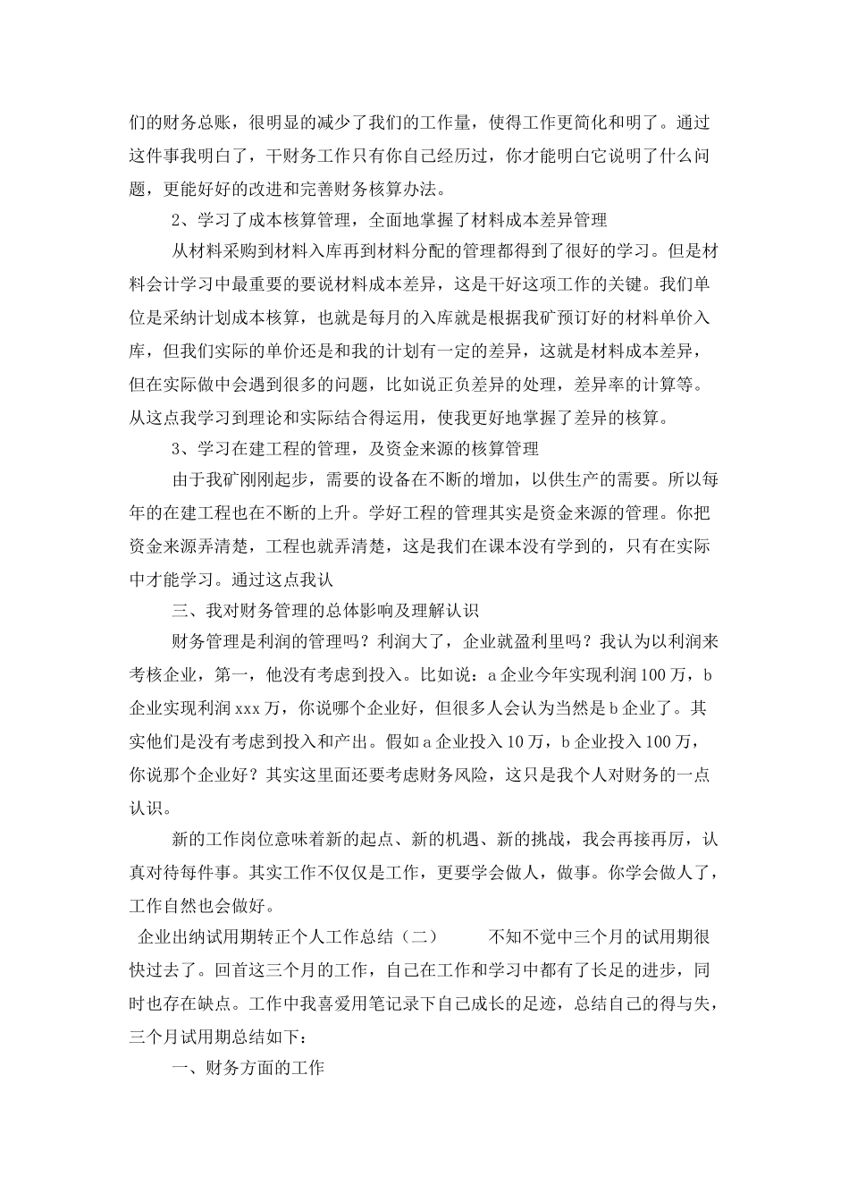 企业出纳试用期转正个人工作总结_第2页