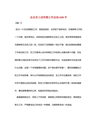 企业员工试用期工作总结600字