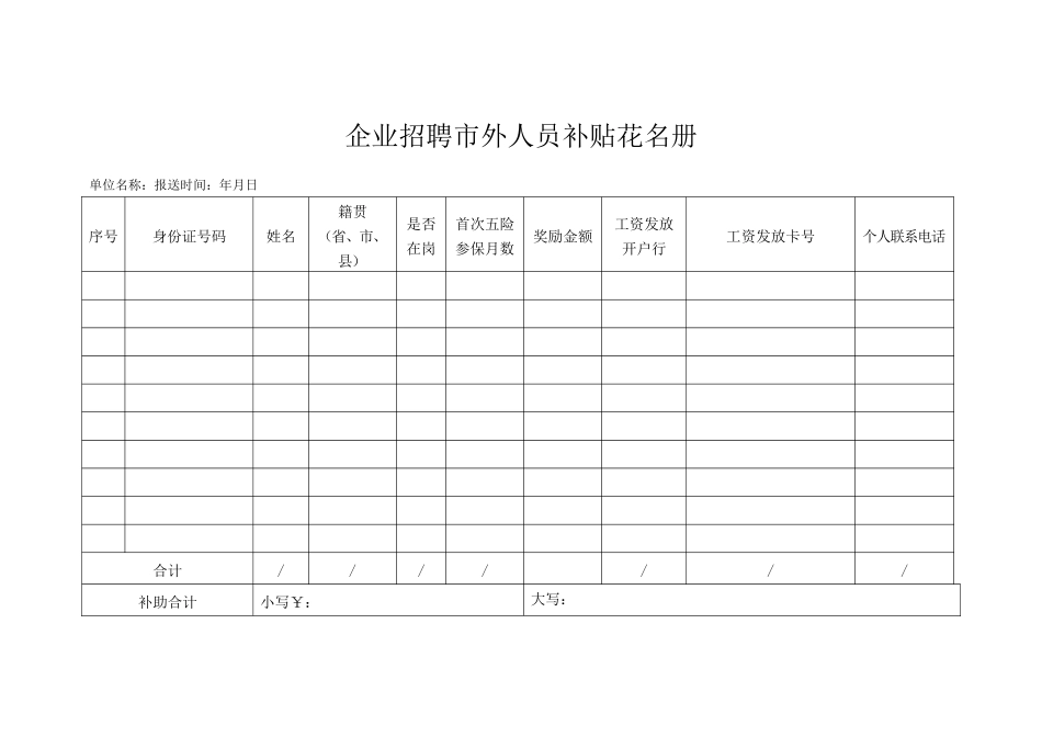 企业招聘市外人员补贴花名册表（标准版）_第1页