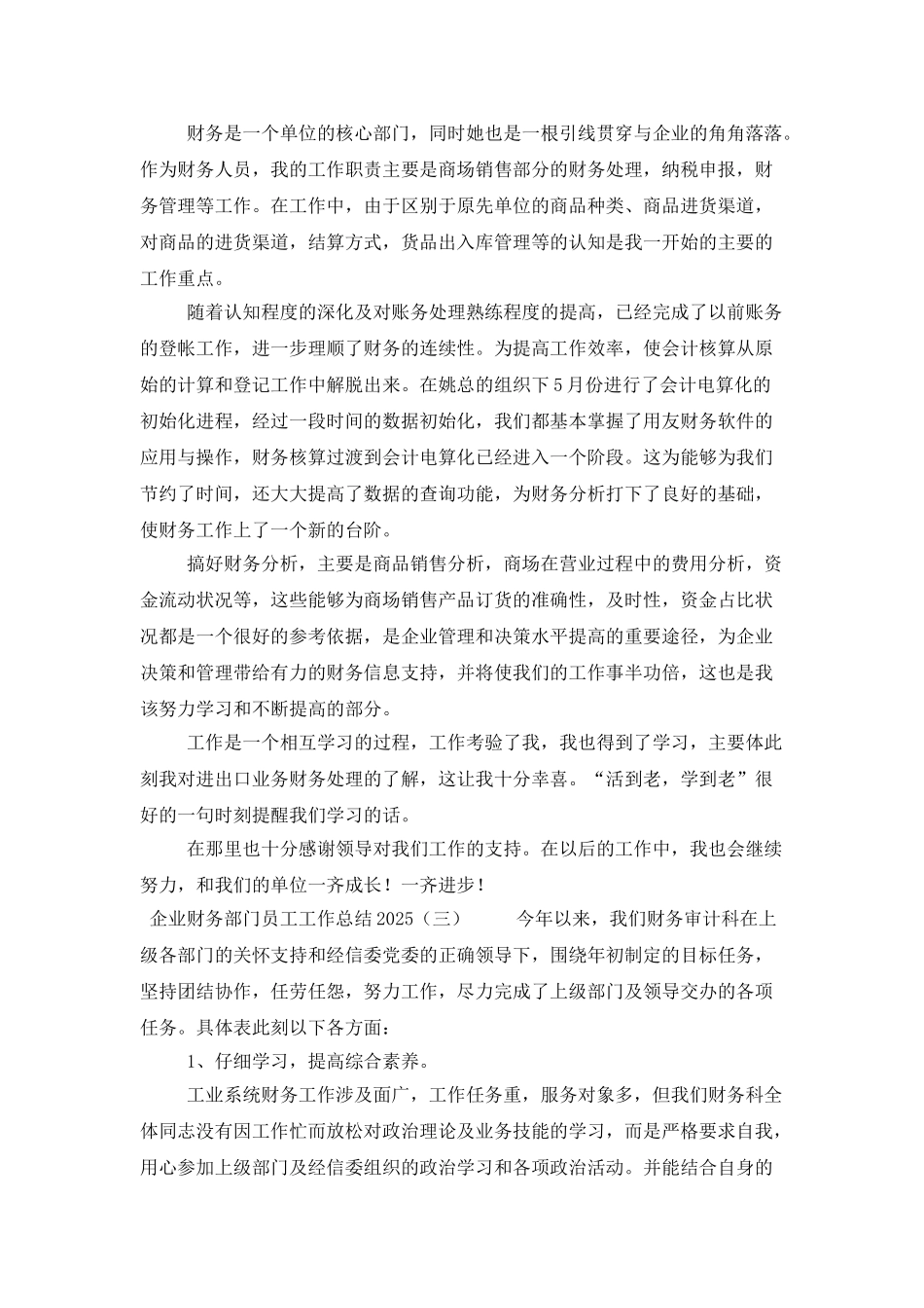 企业财务部门员工工作总结2025_第3页